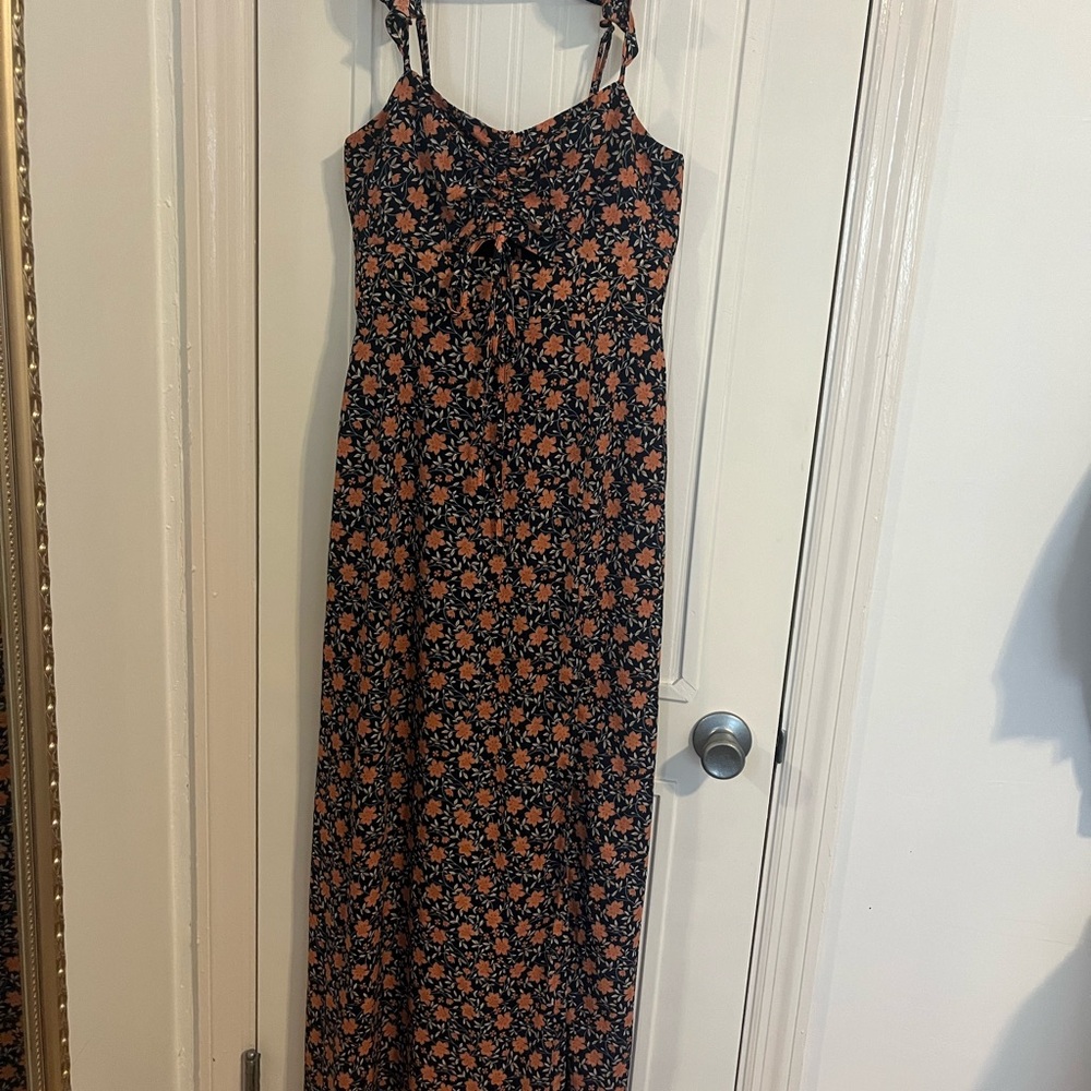 Navy Blue Floral Print Ruffled Maxi Dress